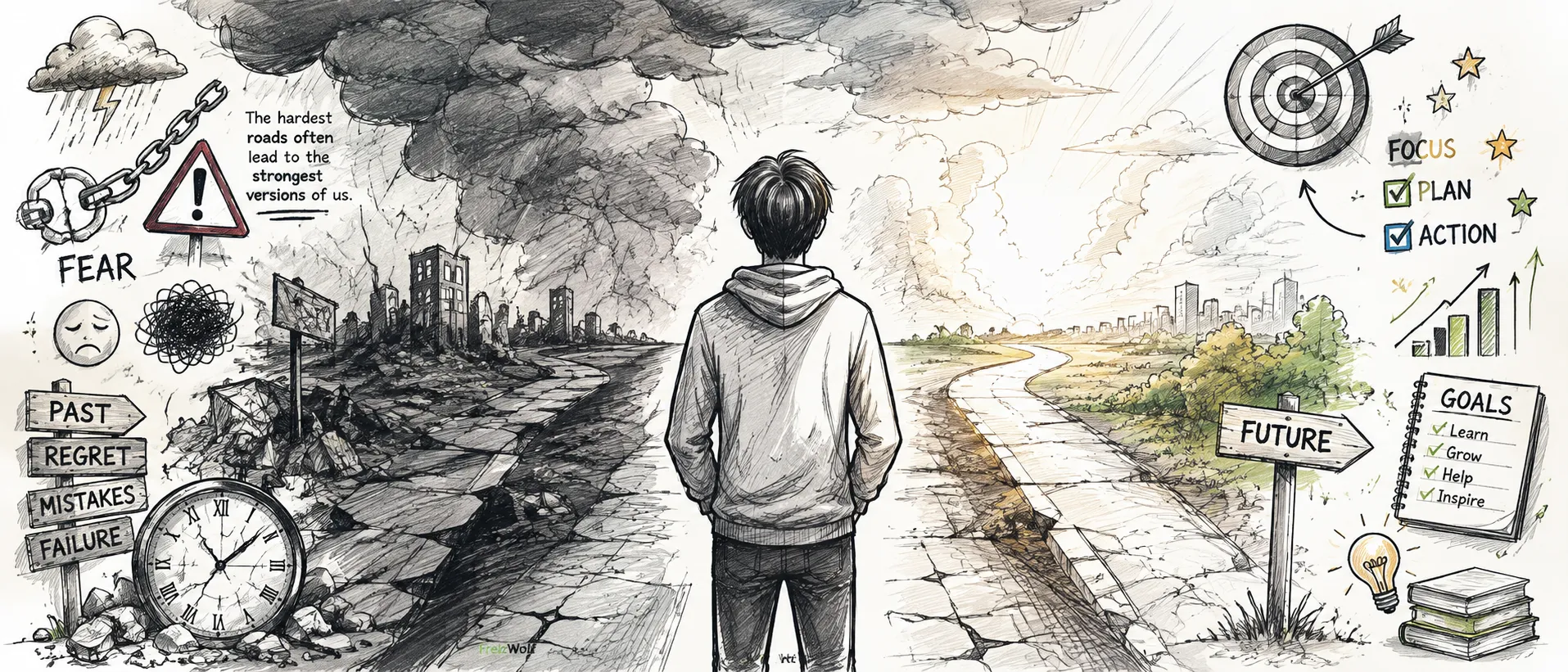 A person calmly facing reality on a long road